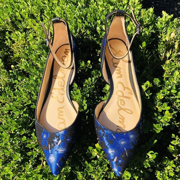 Sam Edelman Radley Floral Jacquard Ankle Strap Flats Blue Size 8.5 - Picture 1 of 14